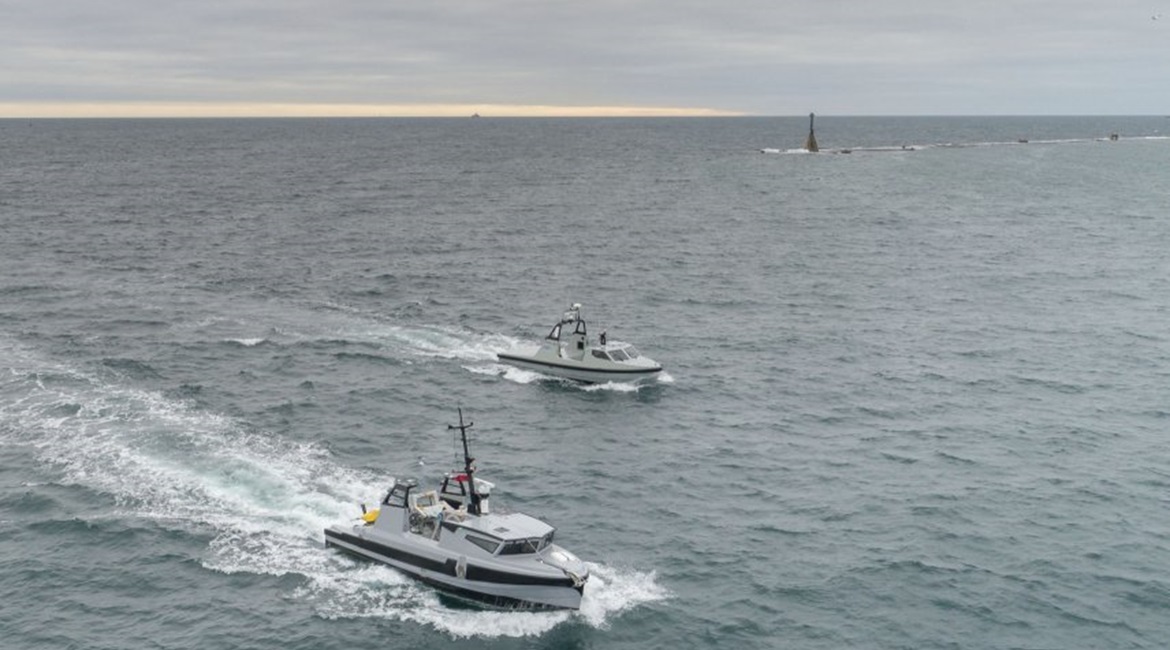 Two Thales unmanned surface vessels are pictured entering Plymouth Sound for the first time.