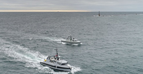 Two Thales unmanned surface vessels are pictured entering Plymouth Sound for the first time.
