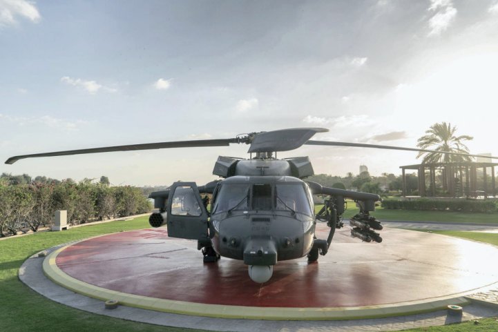 The newly revealed armed Black Hawk for the UAE shows several enhancements, most notably the stub wings fitted with four hardpoints for the carriage of a range of weapons. (Sheikh Mohamed bin Zayed Al Nahyan via Twitter)