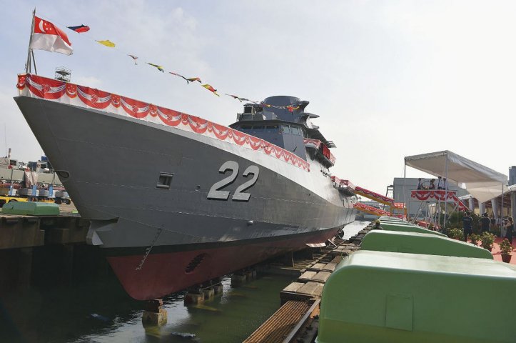 
        The launch ceremony of the Republic of Singapore Navy's eighth and final Littoral Mission Vessel,
        Fearless. (Singapore Ministry of Defence)