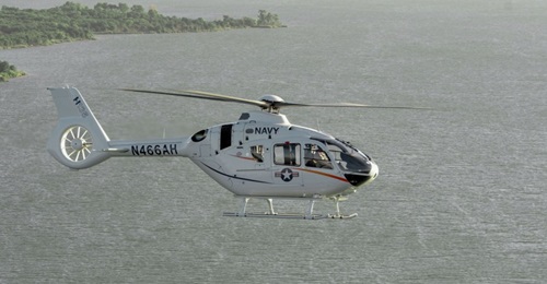 The H135 was painted in the US Navy's training livery as part of a promotional tour ahead of the release of the TH-XX RFP.