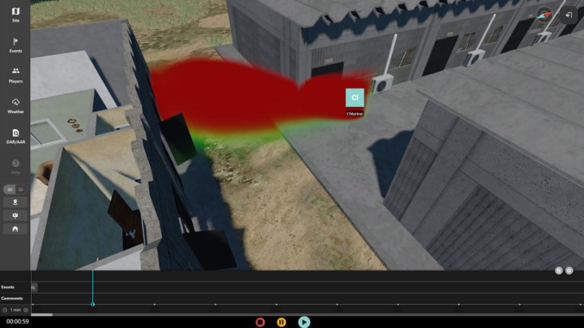 A screenshot from the Bagira CBRN simulator exercise control showing the spread of a chlorine hazard in a 3D virtual environment. (Bagira Systems)