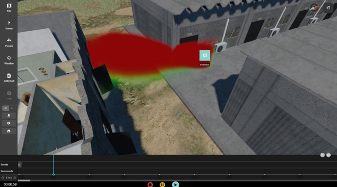 A screenshot from the Bagira CBRN simulator exercise control showing the spread of a chlorine hazard in a 3D virtual environment.