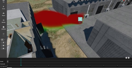 A screenshot from the Bagira CBRN simulator exercise control showing the spread of a chlorine hazard in a 3D virtual environment.