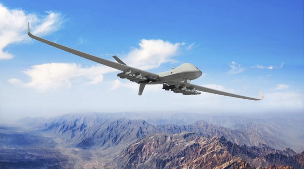 The RAF's future Protector RG Mk1 RPAS equipped with the MBDA Brimstone 3 precision strike missile and Raytheon Paveway IV precision-guided munition.