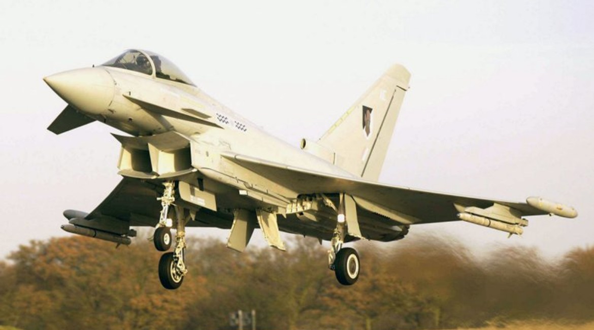 A Royal Air Force Typhoon armed with an MBDA Meteor BVRAAM missile. The RSAF signed a contract in 2015 for its Typhoon aircraft to receive the Meteor BVRAAM system.