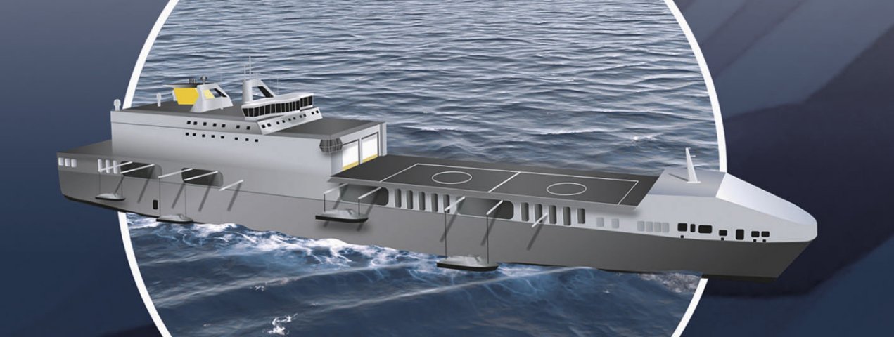 
        This computer-generated illustration released by the MoD depicts a notional Littoral Strike Ship design very similar to the US special forces mother ship MV
        Ocean Trader
        . The latter is a role-adapted conversion of a commercial ro-ro vehicle carrier design.
       (UK MoD)