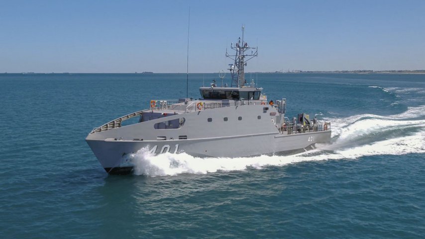 
        Guardian-class patrol boat HMPNGS
        Ted Diro
        , the first of four vessels of the class for Papua New Guinea, was commissioned in a ceremony held on 1 February in Port Moresby.
       (Austal)