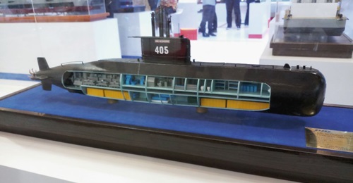 A cross-sectional model of an Indonesian Type 209/1400 submarine on display at Indo Defence 2018.