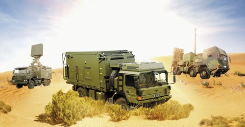 The Falcon Weapon System comprises (left to right) the Saab Giraffe 4A multifunction radar, the Lockheed Martin SkyKeeper battle management system, and the Diehl Defence IRIS-T-SLM effector and launcher.