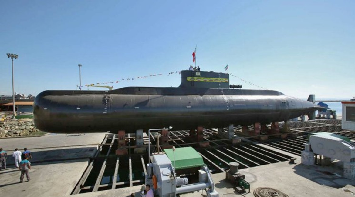 Iran's Fateh-class submarine seen out of the water at the Bostanu shipyard in a photograph released but not taken on 17 February. It is missing the foreplanes that were seen on its hull in previously released television footage.