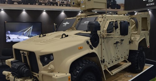 A JLTV fitted with an R-400S Mk2 weapon station was displayed at IDEX.