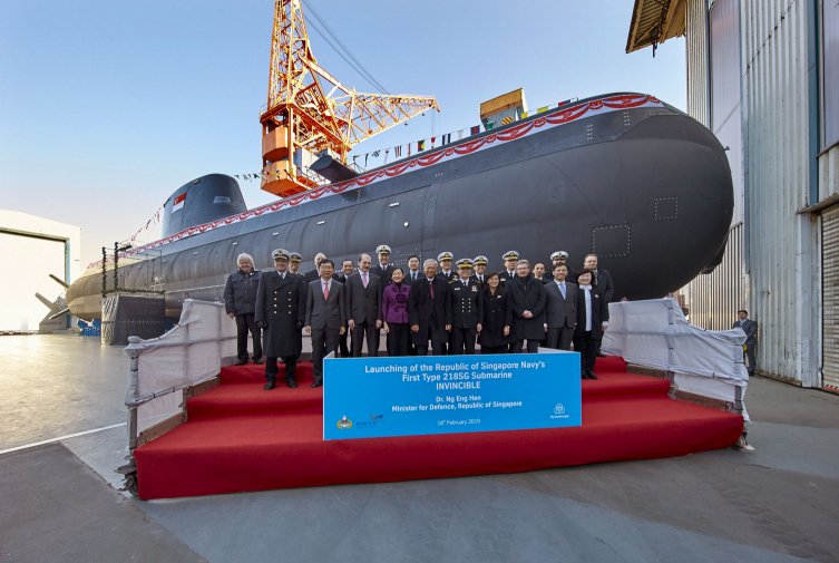 Invincible
        , the first of four Type 218SG submarines on order for the RSN, is seen here during a launch ceremony held in Kiel on 18 February.
       (ThyssenKrupp Marine Systems)