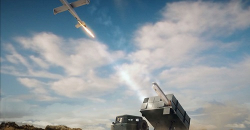A computer-generated image of a Mini Harpy being launched.