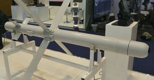 The RALAS missile on display at IDEX 2019 with the control unit behind.