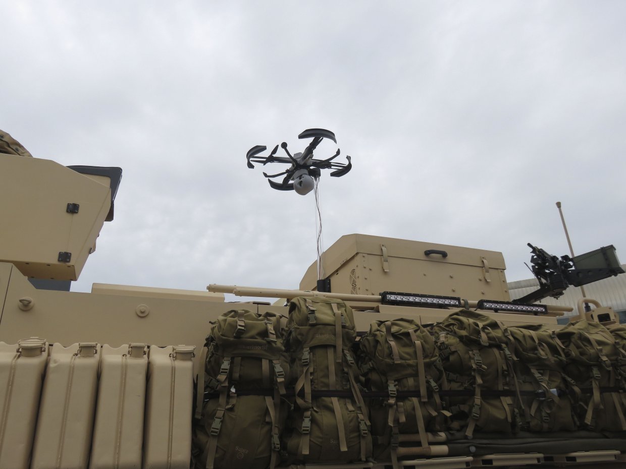 The Nexter Robotics FINDEAGLE IXOS XX tethered UAS displayed above a Titus armoured vehicle at IDEX 2019. (Giles Ebbutt)