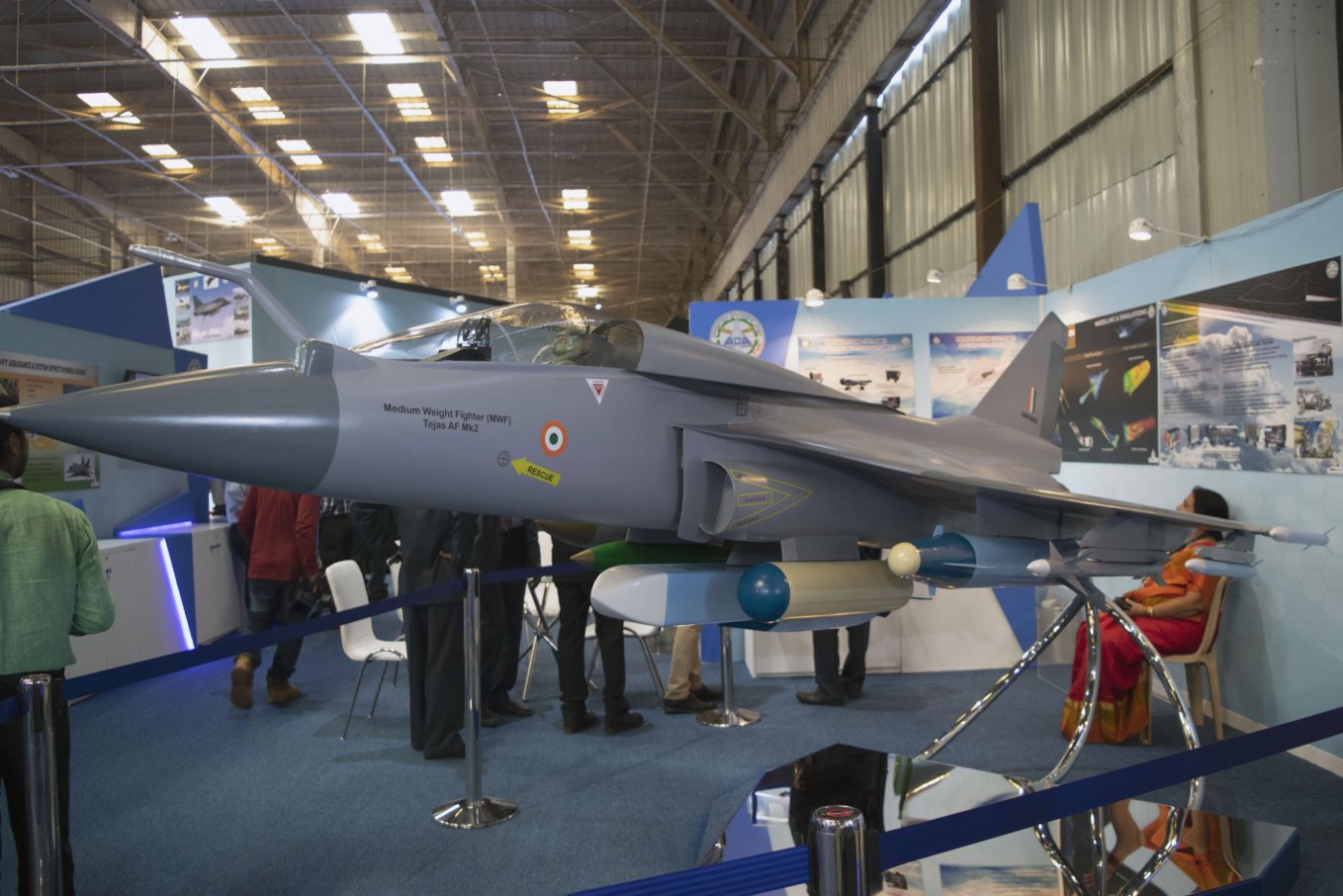 A model of the HAL Tejas Mk 2 Medium Weight Fighter (MWF) showcased at Aero India 2019. (IHS Markit/Caron Natasha Tauro)