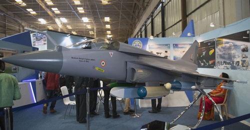 A model of the HAL Tejas Mk 2 Medium Weight Fighter (MWF) showcased at Aero India 2019.