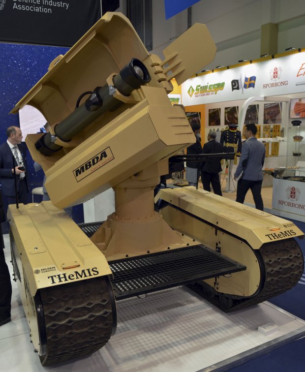 Milrem Robotics’ IMPACT-equipped THeMIS UGV made its public debut at the IDEX 2019 exhibition in Abu Dhabi. (IHS Markit/Patrick Allen)