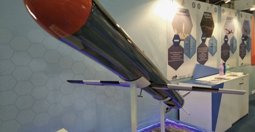 Scale model of the ground-launched Nirbhay cruise missile as displayed at Aero India 2019.