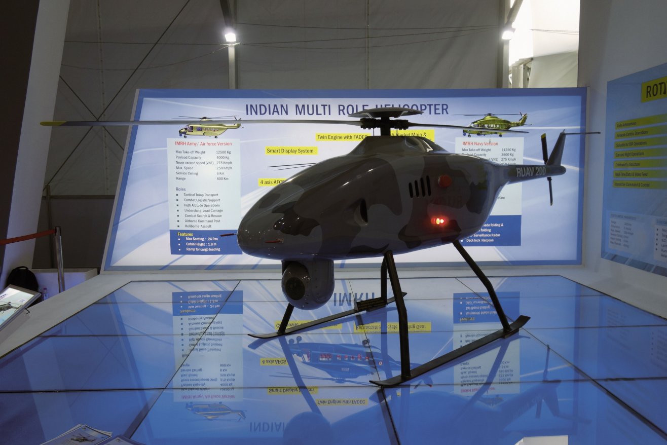 HAL displayed a full-scale prototype of a new rotary-wing UAV equipped with an electro-optical/infrared turret at Aero India 2019. (IHS Markit/Akshara Parakala )