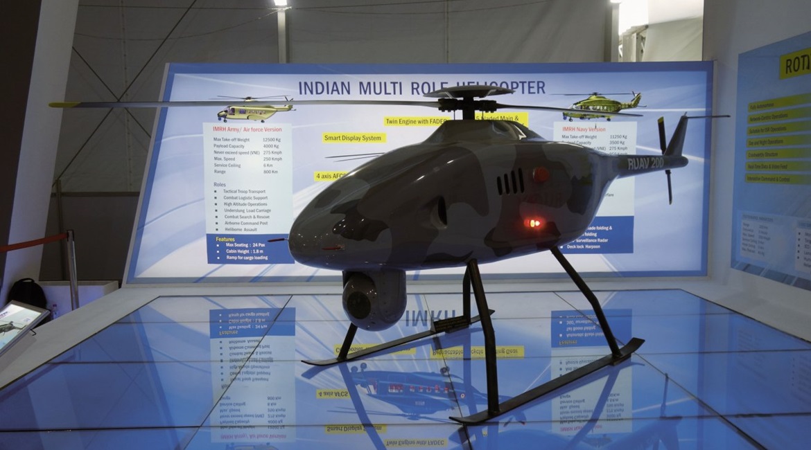 HAL displayed a full-scale prototype of a new rotary-wing UAV equipped with an electro-optical/infrared turret at Aero India 2019.