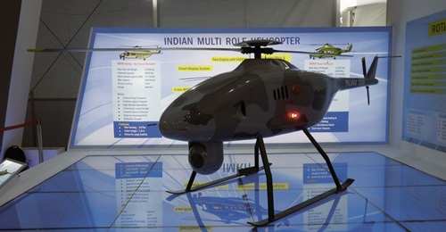HAL displayed a full-scale prototype of a new rotary-wing UAV equipped with an electro-optical/infrared turret at Aero India 2019.