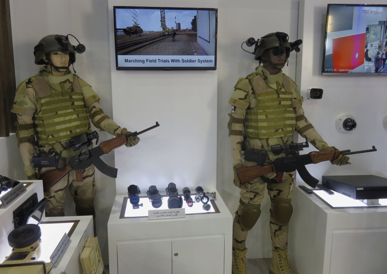 The EISS from AIO shown at IDEX 2019. Commander system is on the left and the soldier system is on the right. The control box can be seen on the belt on the right-hand side of each model. (Giles Ebbutt)