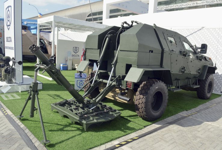 The Didgori Meomari 120 mm mobile mortar system from Georgia’s Delta State Military Scientific-Technical Centre was displayed at IDEX 2019. (IHS Markit)