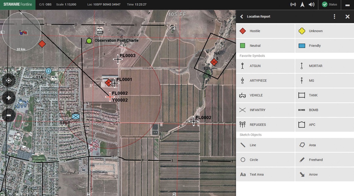 A screenshot of the Sitaware Fires module in Frontline showing danger calculations by a forward observer.