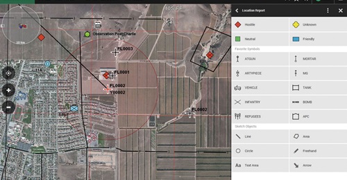 A screenshot of the Sitaware Fires module in Frontline showing danger calculations by a forward observer.