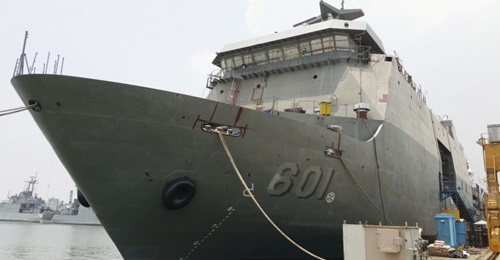 The Philippine Navy's first strategic sealift vessel, seen here while it was fitting out at PT PAL's dock at Semarang in 2016. This is the approximate spot where PT PAL aims to launch the country's third Nagapasa-class submarine, 
        
   ...