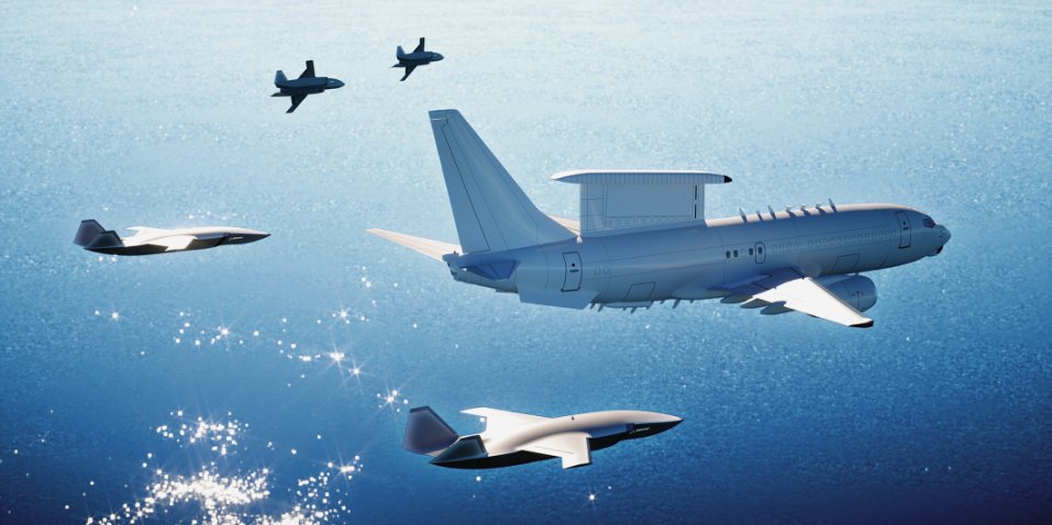 An artist's impression of the unmanned BATS operating in concert with an E-7A Wedgetail AEW&C aircraft. (Boeing)