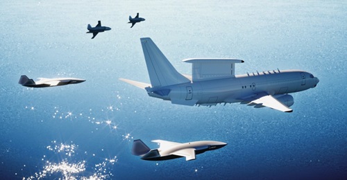 An artist's impression of the unmanned BATS operating in concert with an E-7A Wedgetail AEW&C aircraft.