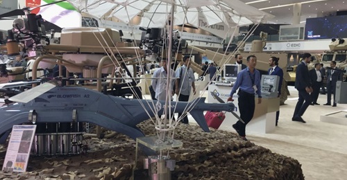 A sub-munition, probably from a Norinco GS1 (GP155G) 155 mm artillery projectile, is displayed on the China-Emirates Science and Technology Innovation Laboratory (CESTIL) stand during IDEX. CESTIL appears to be a joint venture between Norinco and the U...