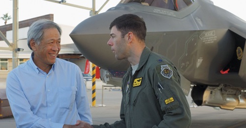 Singapore's defence minister Ng Eng Hen receives a briefing on the CTOL F-35A at Luke Air Force Base, Arizona, in December 2015. The country has announced that it will seek an initial purchase of four F-35 JSFs of an undisclosed variant for further eva...