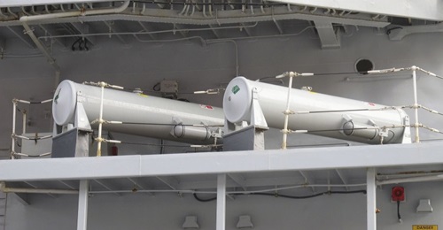 Outfit DLF(3b) launch tubes seen fitted on board the RN Type 23 frigate HMS Iron Duke.