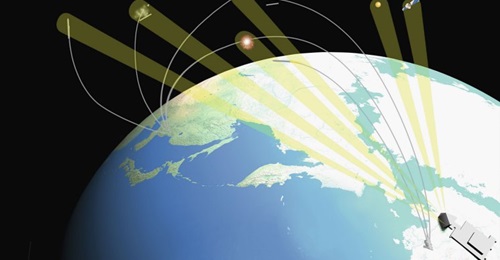 An artist's concept drawing of how the Alaska-based LRDR would detect ballistic missile launches from Asia.