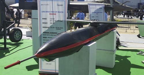 A prototype model of the Waghnak stand-off glide munition displayed during the 2019 Aero India show.