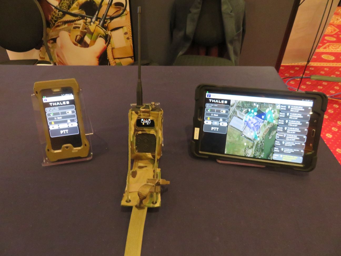 The Thales SquadNet with the SABRE android BMA hosted on a smartphone and a tablet and connected by Bluetooth. (SquadNet)