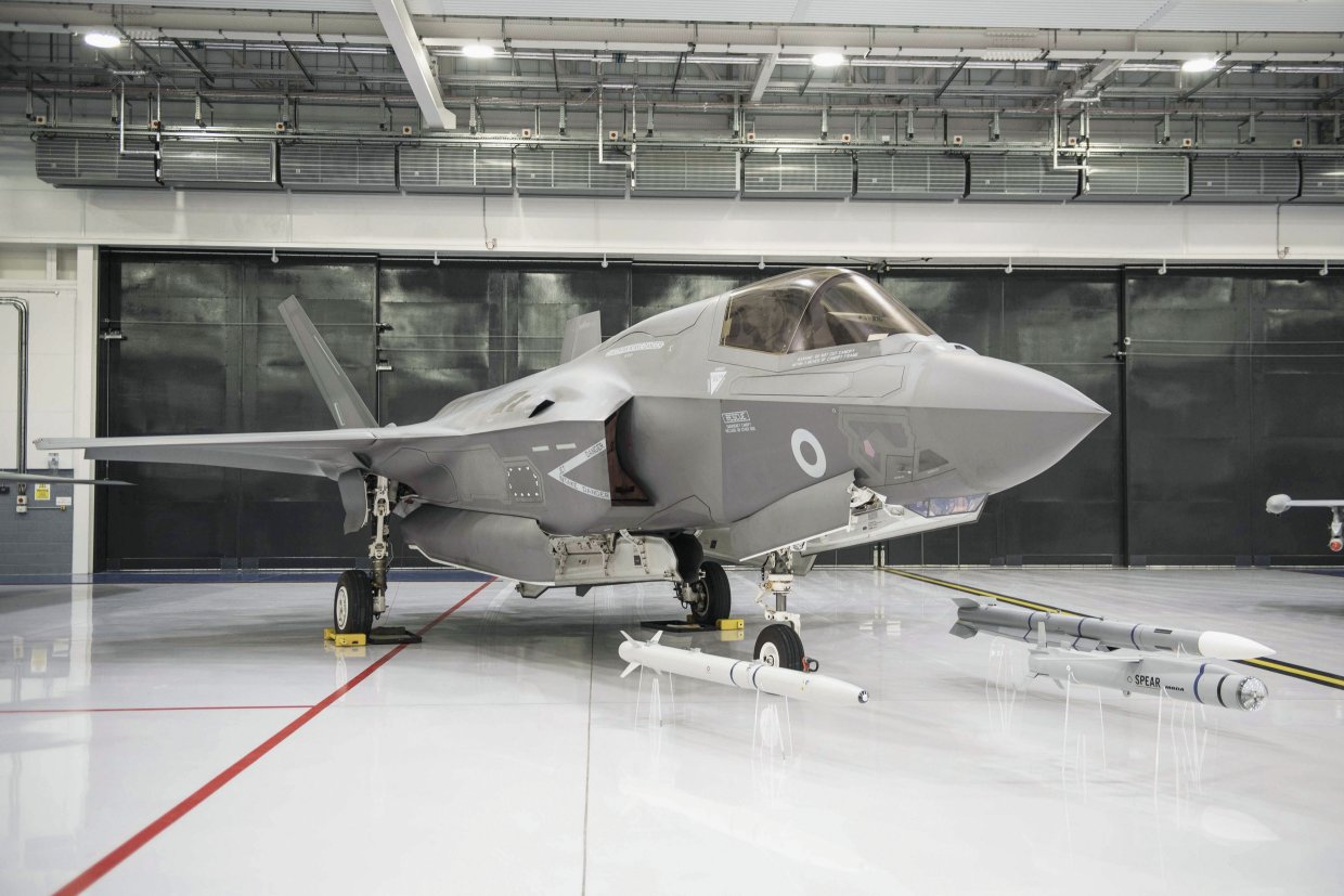 A UK F-35B seen with the ASRAAM, SPEAR, and Meteor missiles that will largely make up its national-specific weapons fit. (Crown Copyright)