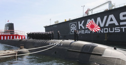 JS 
        
        the JMSDF's 10th Soryu-class submarine,
        
        pictured at its
        
        commissioning ceremony on
        
        18 March. The last two boats of the class will have lithium-ion batteries instead of lead...