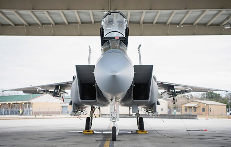 Pentagon leadership pushed the US Air Force to request F-15EX fighters as part of its fiscal year 2020 budget request to help diversify its tactical aircraft industrial base, among other reasons. Pictured is a F-15C with conformal fuel tanks. (Boeing via Twitter)