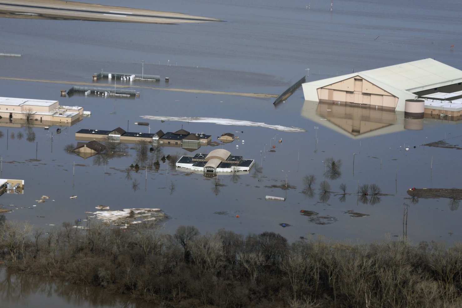 Flooding in the Midwestern US during March 2019 damaged many buildings on the southern half of Offutt Air Force Base, Nebraska. (USAF)