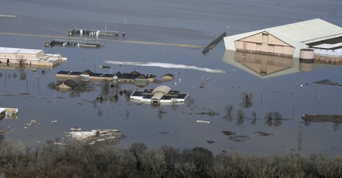 Flooding in the Midwestern US during March 2019 damaged many buildings on the southern half of Offutt Air Force Base, Nebraska.