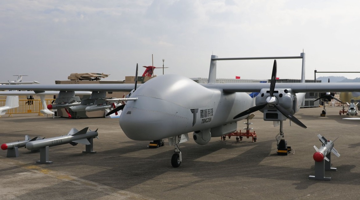 The twin-engined TB001 unmanned aerial vehicle shown alongside new anti-ship and ground-attack precision munitions at Airshow China 2018.
