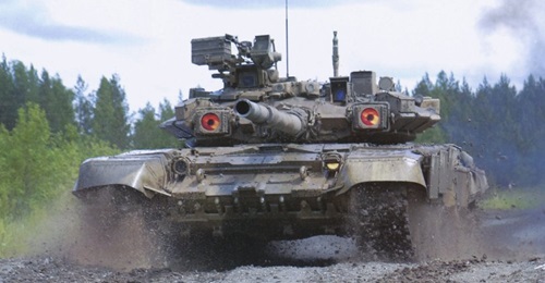A Russian T-90S MBT fitted with the Shtora defensive aids suite.