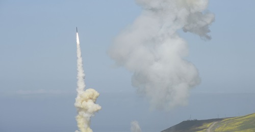 The 'trail' GBI shown launching from Vandenberg Air Force Base about 50 seconds after the 'lead' GBI, in the system's first-ever salvo engagement.