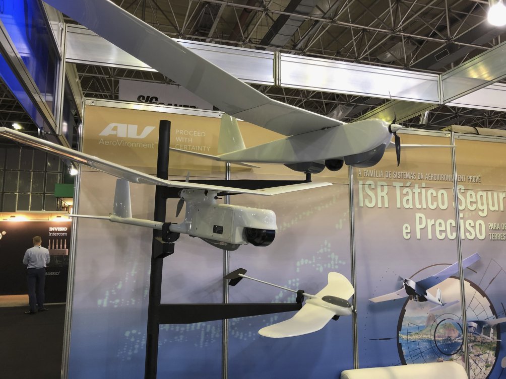 AeroVironment unmanned aircraft systems (UAS) on display at LAAD 2019 (from top): Puma, Raven, and Wasp. (IHS Markit/Pat Host)