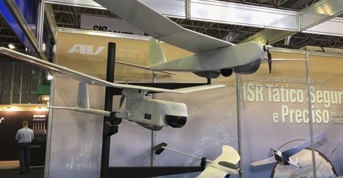AeroVironment unmanned aircraft systems (UAS) on display at LAAD 2019 (from top): Puma, Raven, and Wasp.